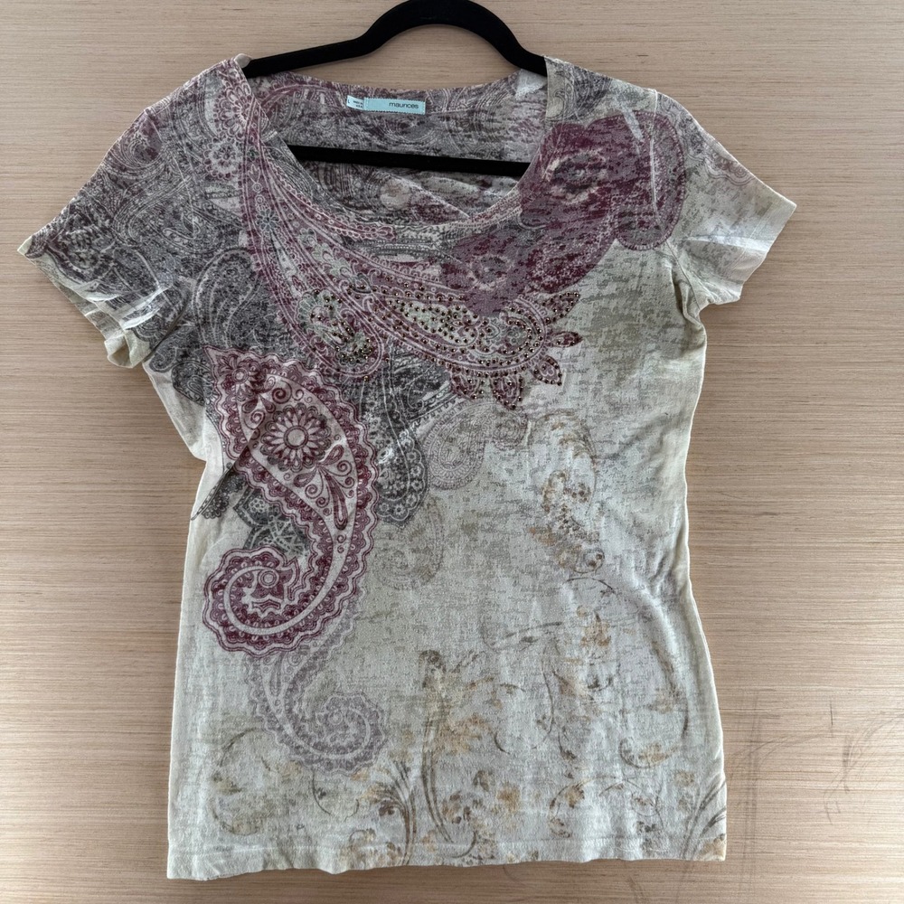 Maurices Womens Large Paisley Burnout Studded Scoop Neck Short Sleeve Top Boho